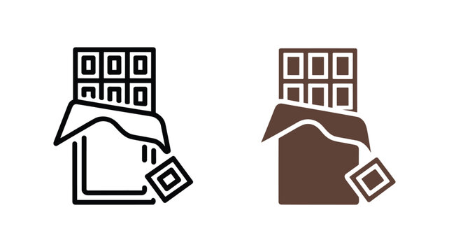 Chocolate bar set with open wrapper and extra square piece in line and flat style for dessert branding.