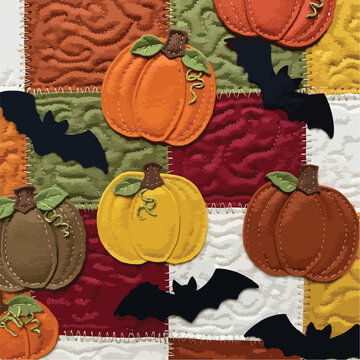 A festive patchwork background design featuring pumpkins and bats in a Halloween theme