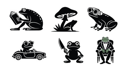 Obraz premium Set of funny cartoon frog characters in different situations black silhouette vector illustration.