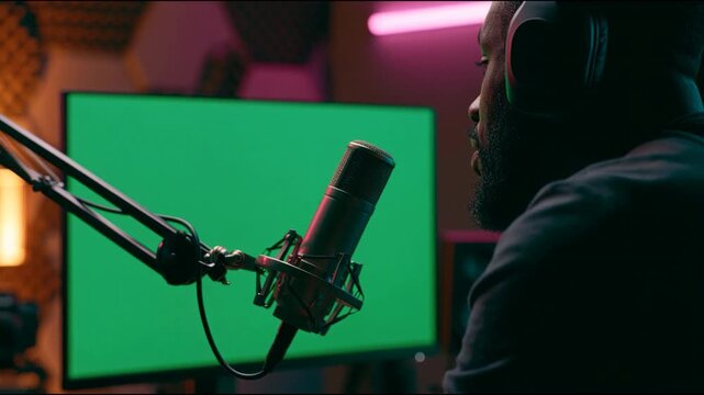 Man recording podcast with professional microphone and green screen mockup