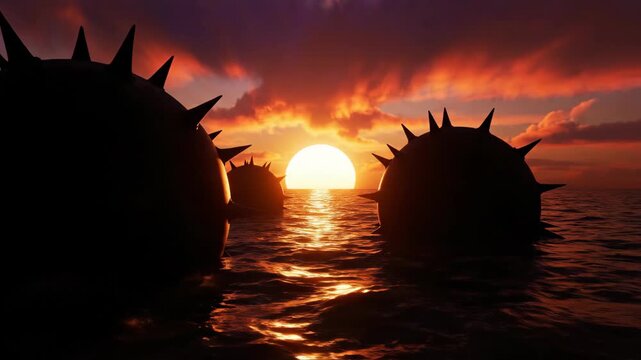 Silhouette of Spiked Naval Mines Floating on Ocean Water Against Fiery Sunset Sky