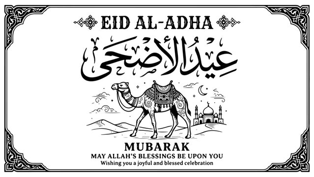 Eid al-Adha Mubarak greeting card featuring Arabic calligraphy, a camel, and a mosque illustration.
