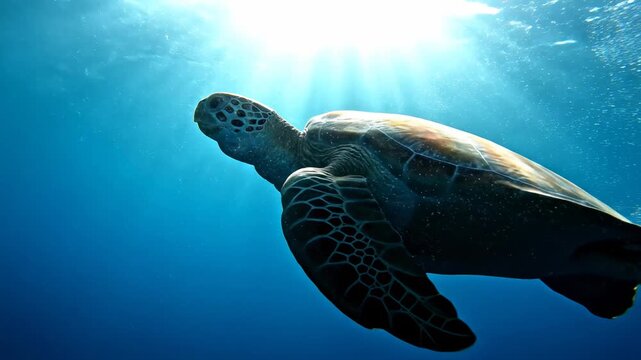 Majestic sea turtle gracefully glides through shimmering sunlit azure ocean depths, its ancient carapace illuminated by dazzling light beams piercing the serene aquatic environment underwater