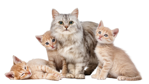 Fluffy grey cat with three ginger kittens, isolated on transparent background