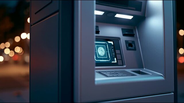 Automated teller machine ATM with biometric fingerprint scanner at night city street