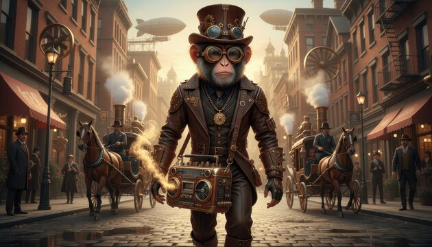Cute monkey rapper in steampunk fashion struts down the street with a stylish boombox and cool vibes