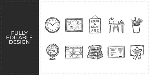 Hand drawn school and geography education icons with globe clock and classroom supply symbols flat vector illustration icon bundle set high resolution © Ashik  Khan