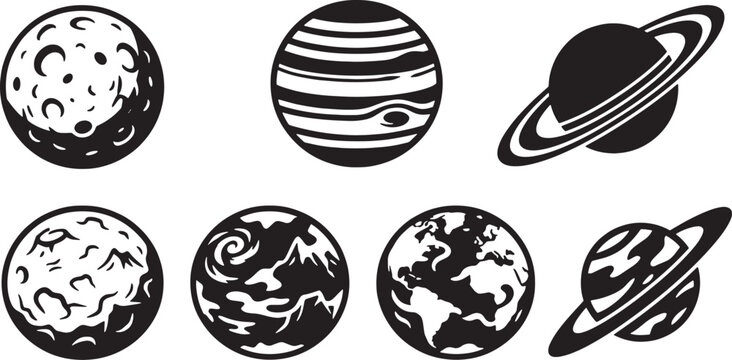 premium Planetary icons, solar system symbols, black and white vector graphics, astronomy illustrations vector illustration