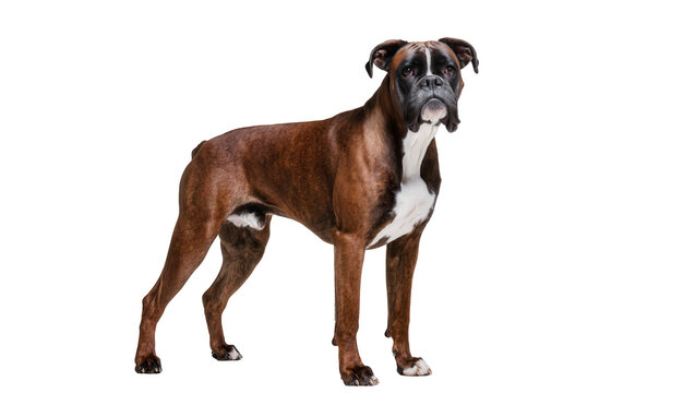Brown brindle boxer dog standing, isolated on transparent background