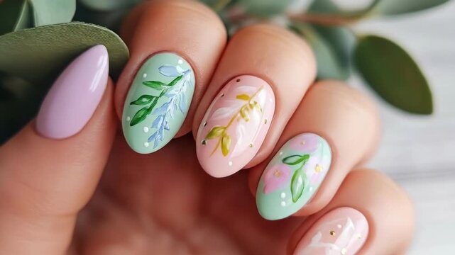Colorful floral nail art on pastel manicured fingernails with leaf decor. Easter, Pascha, Paskha, Ostern, Pascua, Paques - Orthodox and Catholic Holiday celebration