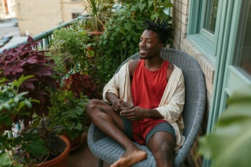 Naklejka premium Young man enjoying morning coffee on a plant-filled balcony chair for social media background and lifestyle banner