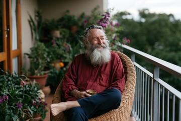Obraz premium Smiling bearded senior man seated on balcony chair surrounded by plants holding a mug for lifestyle background and relaxation banner