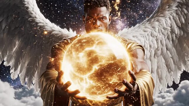 Black Angel Guardian Holds Glowing Sun Orb Above Cloudscape With Massive White Wings, Wearing Golden Robe, Intense Focused Gaze, Solar Sparks And Flares Emanating From Orb, Cosmic Starfield Backdrop.