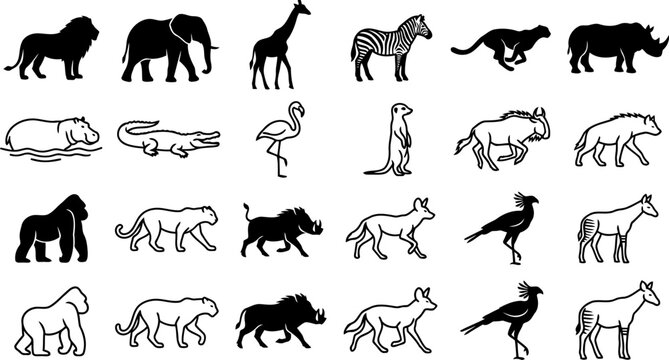 African Wildlife Icon Set Silhouettes and Line Art Illustrations of Savannah Animals