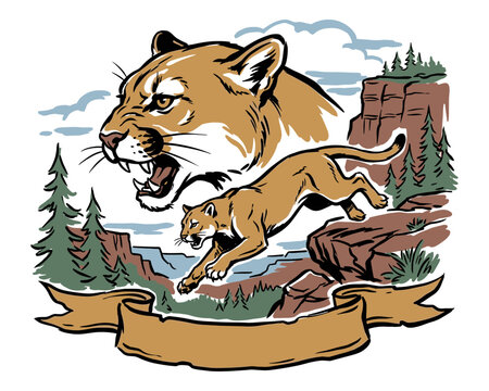 Mountain with cougar vintage artwork for t shirt. Puma artwork for apparel, sticker, banner. Outdoors t shirt design. Wild and free. Keep nature wild.