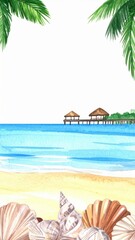 Fototapeta premium Watercolor painting of tropical beach with palm leaves seashells and wooden pier reaching into sea