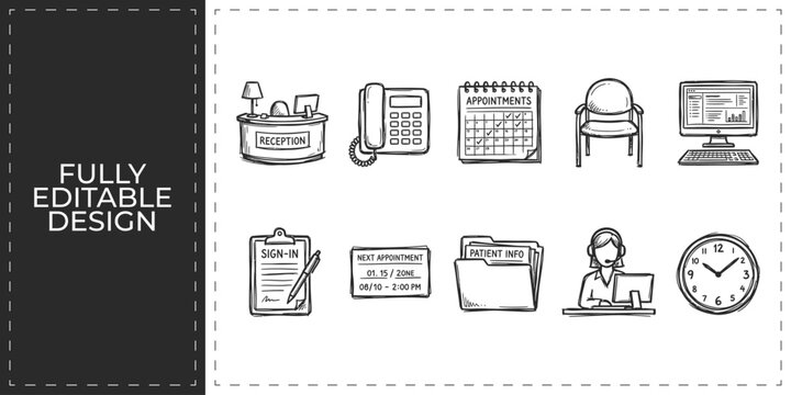 Hand drawn office productivity and desk icons with computer telephone and paperwork symbols flat vector illustration icon bundle set high resolution