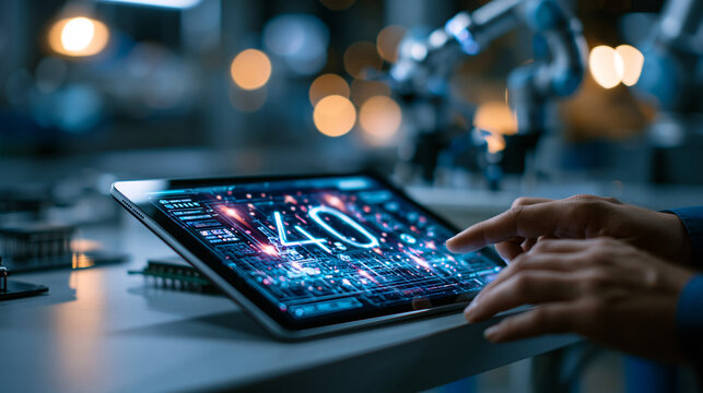 A digital tablet displaying industry 4.0 graphics on a workbench with a defocused industry background, robot automation assistant, industry 4.0, artificial intelligence trend,