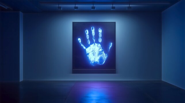 A large, detailed glowing blue handprint under ultraviolet light displayed on a dark panel in a dimly lit modern gallery or forensic lab space.