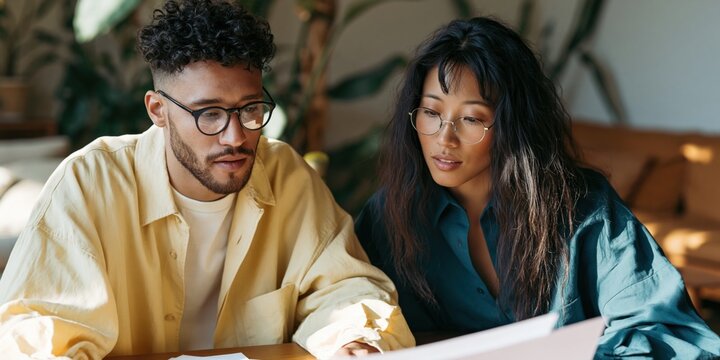 Couple planning a project together at home desk reviewing documents for small business planning and personal finance background