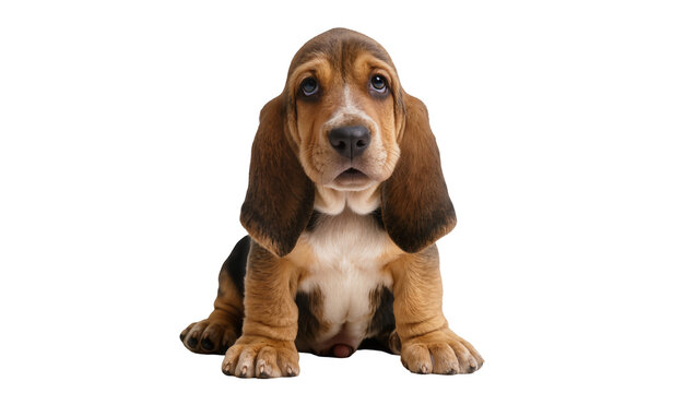 Sad Basset Hound puppy with long floppy ears sitting, isolated on transparent background