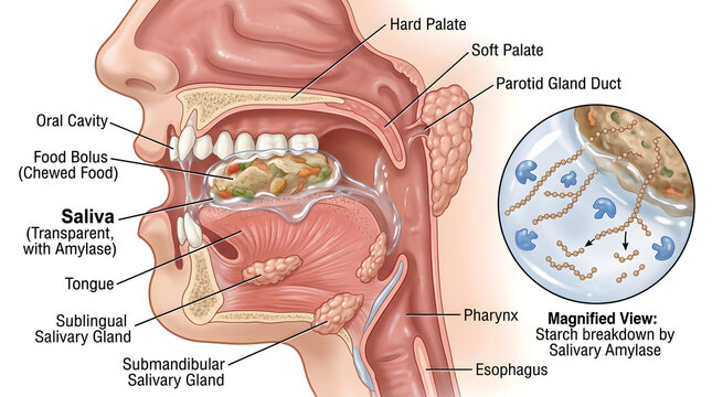 Cross‑section of the human mouth showing food bolus, saliva from parotid, submandibular and sublingual glands, ducts and tongue, plus magnified view of salivary amylase beginning chemical digestion of