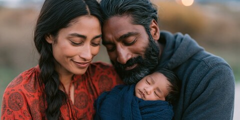 Fototapeta premium Warm family portrait of parents cuddling a sleeping newborn outdoors for family wellness and parenthood banner or background design