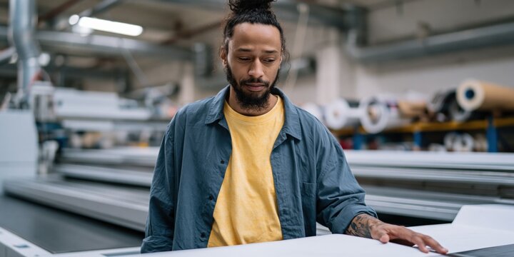Male print operator reviewing large format sheets in a manufacturing workshop for production background and packaging design