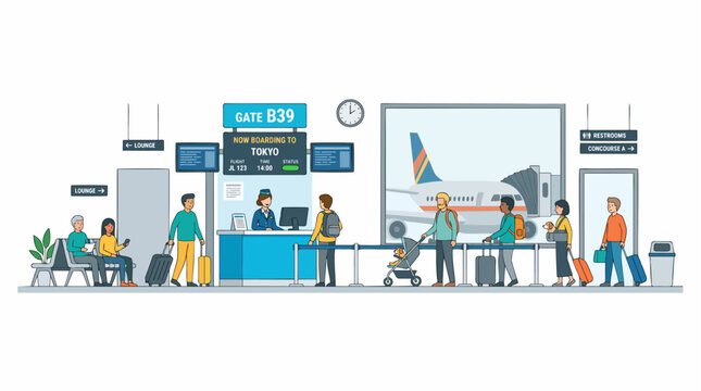 Airplane boarding gate scene, minimalist 2d flat illustration style, on a white background