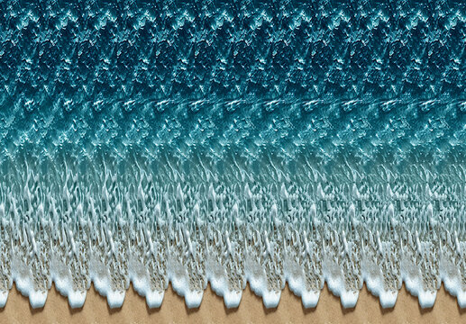 Optical illusion stereogram with hidden 3D shark shape with instruction. The visible part of the image shows ocean waves crashing onto the sandy shore.	