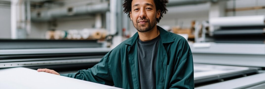 Confident print specialist at large printing press in a manufacturing facility for industrial banner and corporate background