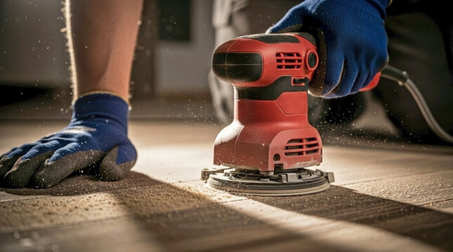 Worker performing sanding parquet with electric sander, skilled hand guides orbital tool on wooden floor, creating fine dust. Perfect for advertising sanding parquet services, renovation.