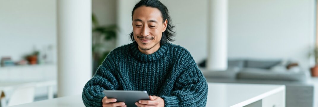 Young person using a tablet seated at a table in a chunky knit sweater for banner background and remote work website header image