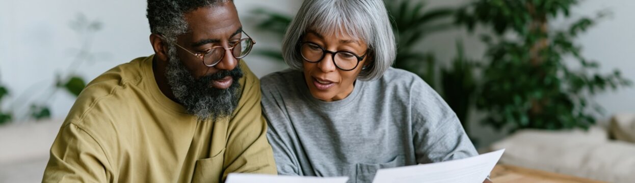 Senior couple reviewing paperwork together at home for financial planning banner and lifestyle background