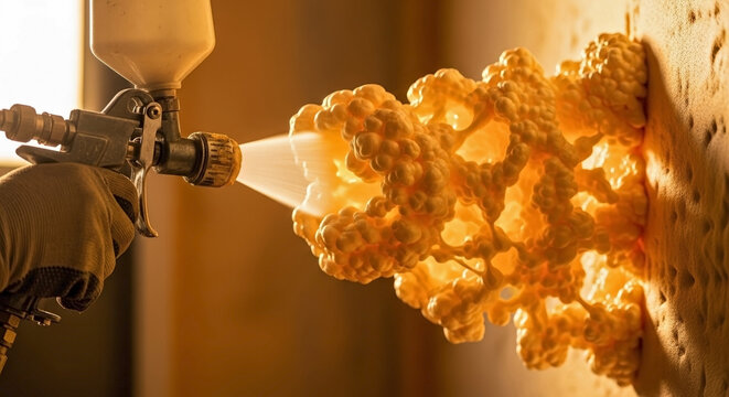 Worker applies spray foam insulation to building wall, demonstrating efficient construction method. Hand uses specialized gun for expanding polyurethane, forming a durable thermal barrier.