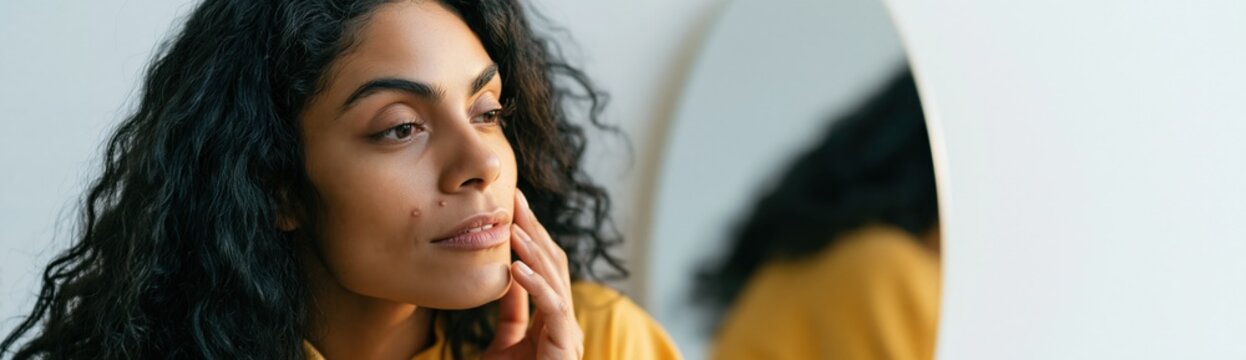 Woman looking into round mirror while assessing her skin and applying facial care for beauty routine and self care content background for wellness websites