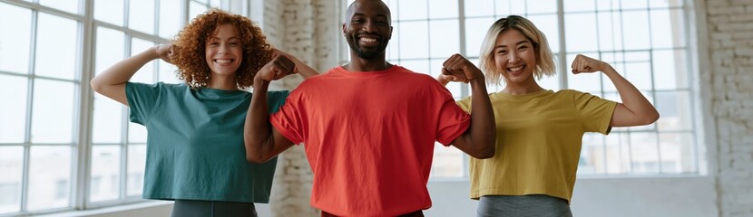 Obraz premium Diverse group of three flexing muscles and smiling in colorful shirts for team unity banner and fitness motivation background