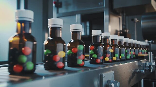 Machines moving bottles with colorful candy inside on a production line in a factory during daylight hours