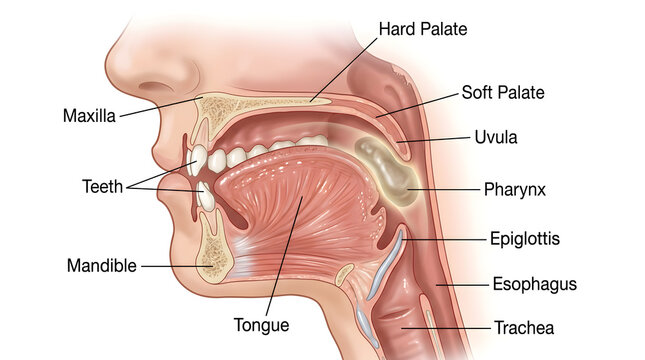 Sagittal illustration of human face and upper airway labeling maxilla, mandible, teeth, tongue, hard and soft palate, uvula, pharynx, epiglottis, esophagus and trachea, clarifying anatomical relations