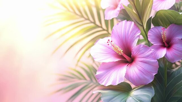 Vibrant pink hibiscus flowers with lush green leaves in soft sunlight