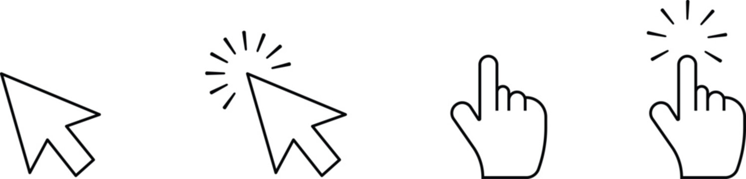 Minimal cursor and hand click icon featuring mouse pointer, click gesture and navigation symbol.