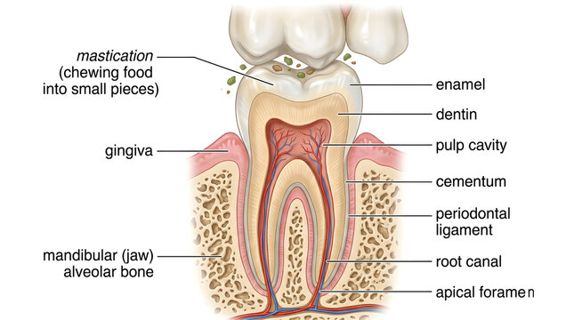 Detailed structure of a human tooth in longitudinal section showing enamel, dentin, pulp cavity with nerves and blood vessels, cementum, periodontal ligament, root canal and mandibular alveolar bone i