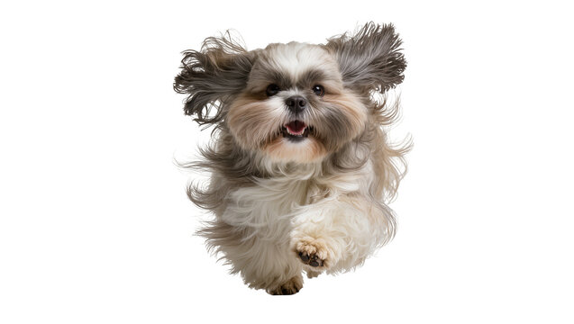 Fluffy shih tzu dog running with ears flying, isolated on transparent background