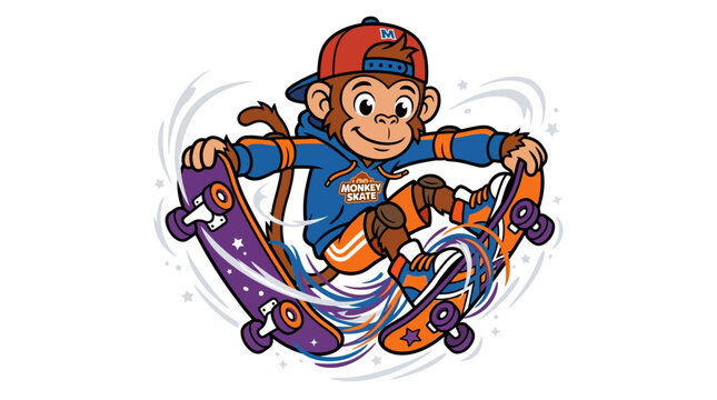 Skateboarding monkey character performing mid air stunts with boards