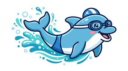 Obraz premium Cute dolphin swimmer wearing goggles and swim cap with water splash