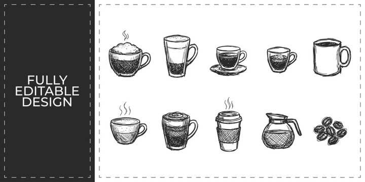 Hand drawn hot beverage icons with various coffee cups tea mugs and teapot symbols flat vector illustration icon bundle set high resolution