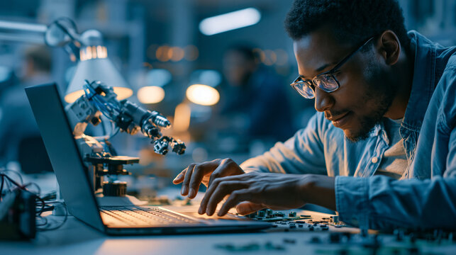 A robotics electronics laboratory bench with a laptop and small robot arm beside scattered chips, hispanic engineer concept, robotics laboratory, university research, programming