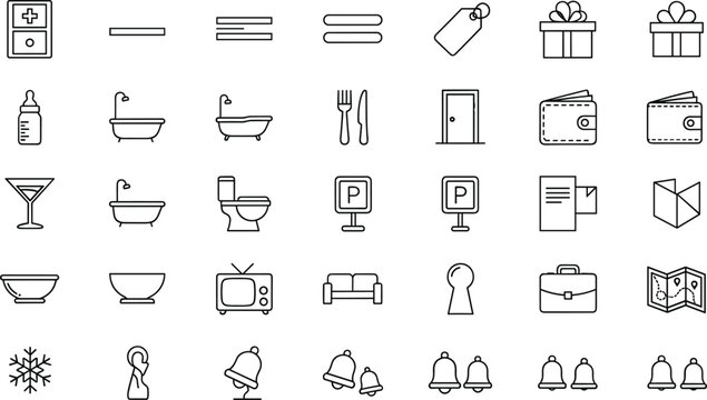 Hotel service icon collection with hospitality amenities bathroom travel and accommodation symbols vector illustration isolated design set