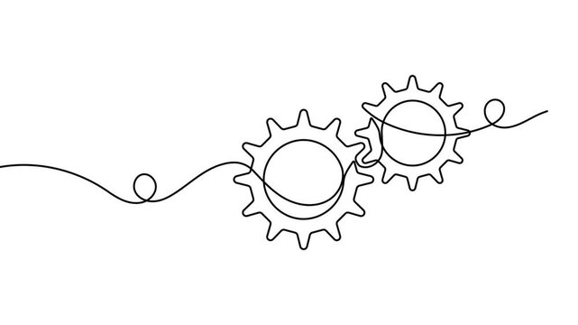 Two connected gears icon sign continuous one line drawing on white background minimalist teamwork mechanism for business development symbol 4k animation video