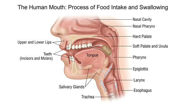 Cross‑section of the human mouth and pharynx illustrating process of food intake and swallowing, labeling lips, teeth, tongue, salivary glands, hard and soft palate, uvula, epiglottis, larynx, esophag